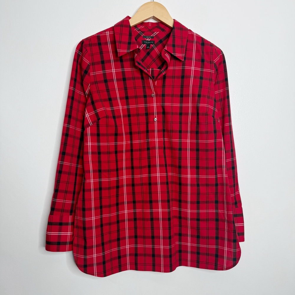 NWOT Talbots 1/4 Button Popover Top Plaid Blouse Red Black Size 6‎ Timeless